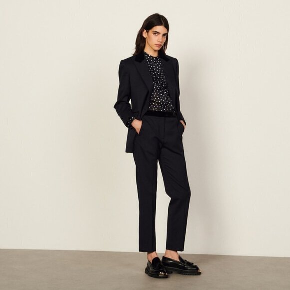 Sandro Paris Blended Wool Velvet Detail Dress Pant - Picture 1 of 11